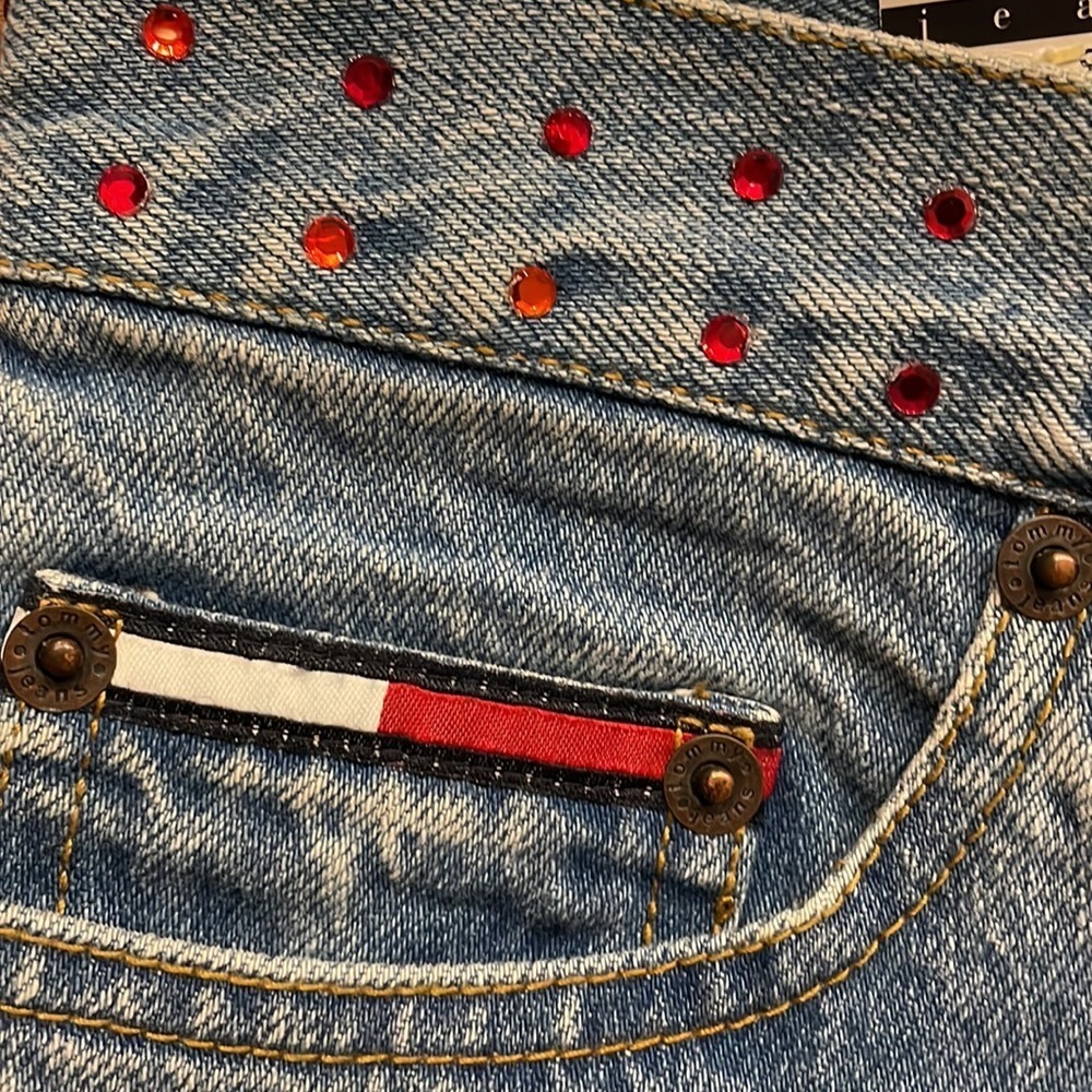 NWT TOMMY JEANS VINTAGE woman’s Star dazzle rhinestone flare  jeans high slits 9 - Picture 12 of 17